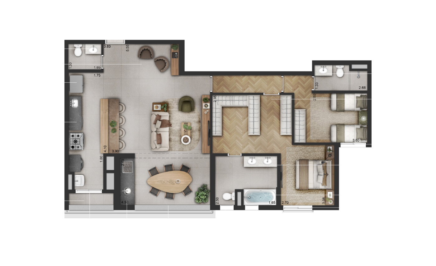 114 m² | 2 suítes - Living ampliado